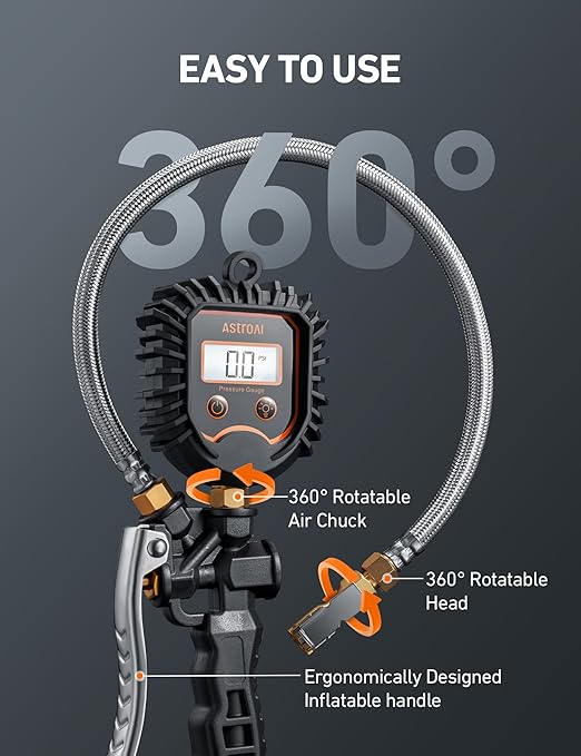 AstroAI Digital Tire Pressure Gauge, Heavy Duty Tire Inflator Gauge 250PSI Air Chuck Compressor Accessories with Stainless Braided Hose, Rotatable Dial&Quick Connect Coupler for Truck/RV/SUV
