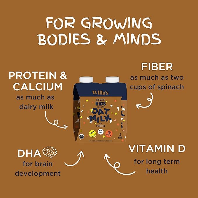 Willa's Organic Kid's Chocolate Oat Milk with 8g Protein & 240g Calcium, Plant-Based Milk for Kids, Dairy-Free, Low Sugar, 2g Fiber– 8.25 oz, 16 Pack