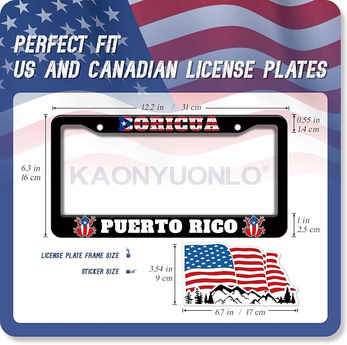 1PCS Boricua Puerto Rico Frog License Plate Frame Holder - 2 Holes Black Auto Universal Aluminum Matte Car Tag Holder Covers with Sticker & Screws for Men