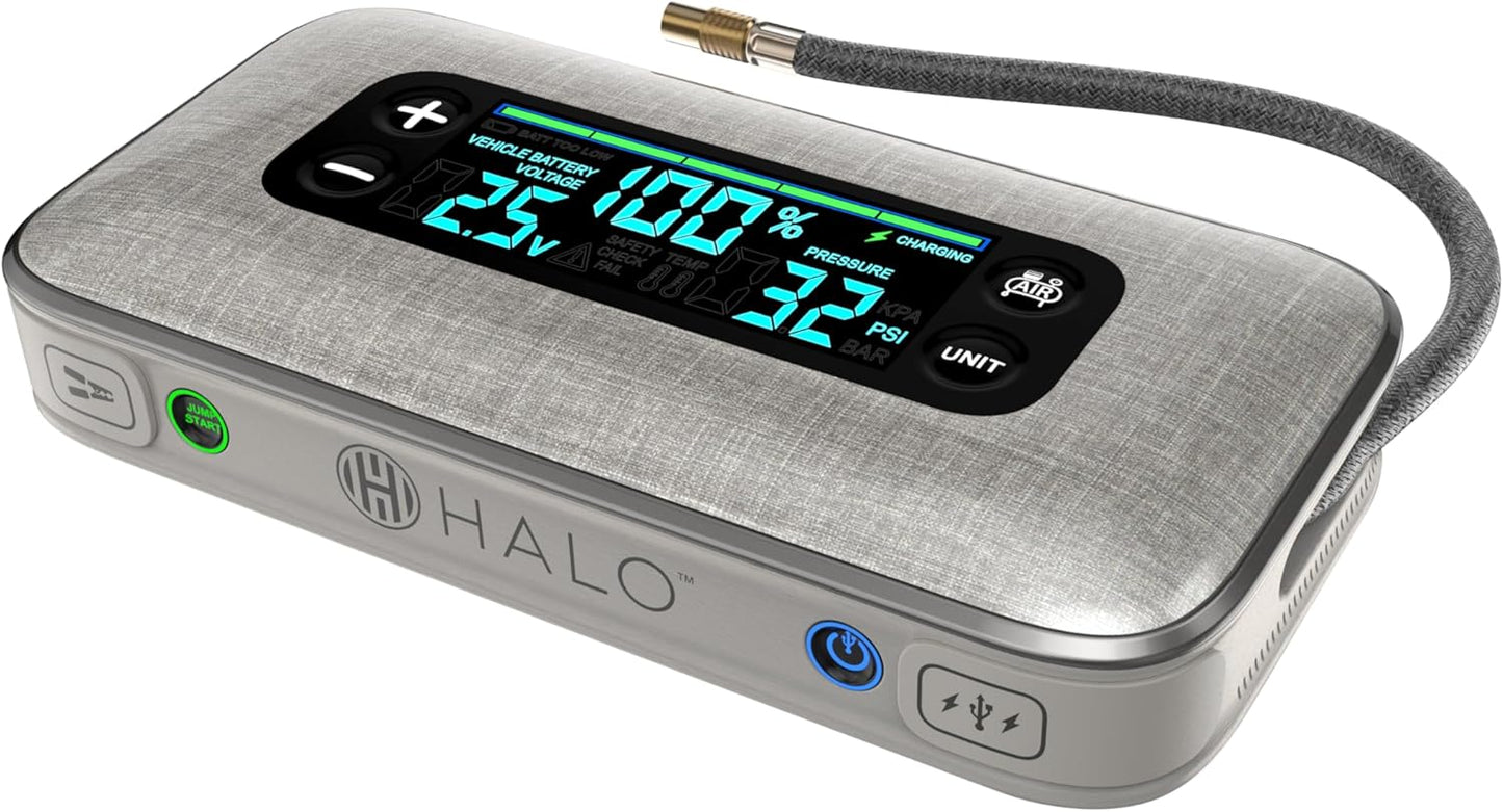 HALO Bolt Ultimate 3 Portable Car Battery Jump Starter | 130 PSI Air Compressor, 55.5Wh USB Power Bank, Large Display, Emergency Floodlight & Charger, Jumps Cars SUVs & Trucks, Inflates Tires — Silver