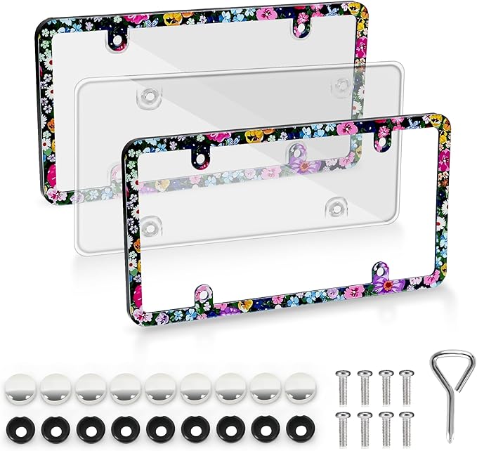 2pcs License Plate Protector Unbreakable License Plate Frames and Covers Set Front and Rear Clear License Plate Cover Beautiful Flowers License Plate Frames Fits Standard Us Plates with Screws Caps