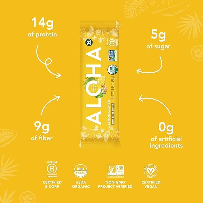 ALOHA Organic Plant Based Protein Bars - Lemon Cashew - 12-Count - Vegan, Low Sugar, Gluten-Free, Paleo, Low Carb, Non-GMO, No Stevia & No Erythritol