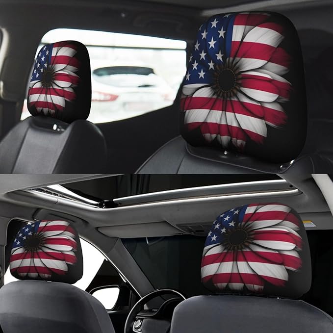 Dujiea 2 Pack American Flag Daisy Car Headrest Covers, Universal Soft Car Seat Head Rest Cover Protector, Vehicle Accessories Fabric Headrest Cover for Cars Vans Trucks