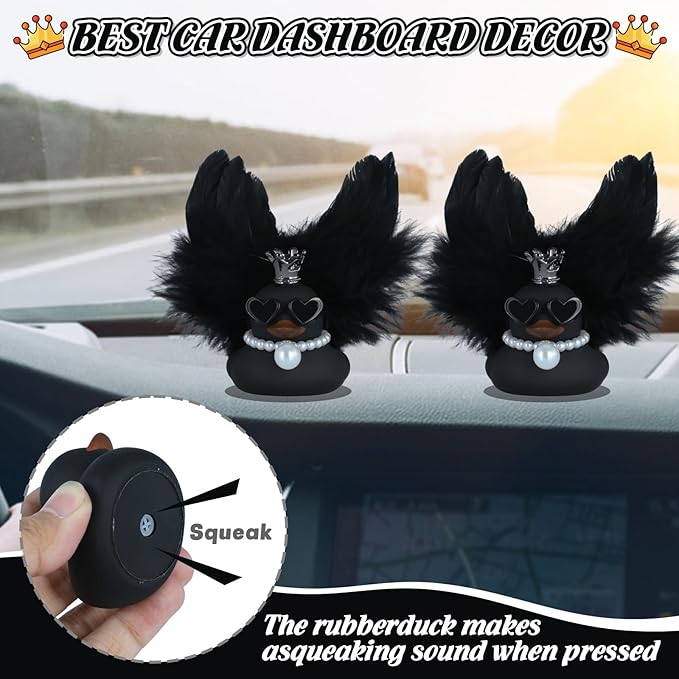BOZILY Cool Car Rubber Duck, Car Dashboard Decoration, with Crown, Sunglasses, Black Feather Wings & Necklace, Home Ornament, Car Owner