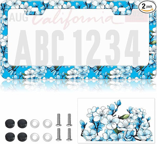 1pcs Blue White Cherry Blossom License Plate Frame for Women, Cyan Sakura Car Tag Frames Girly for Vehicle with Non Adhesive Electrostatic Sticker