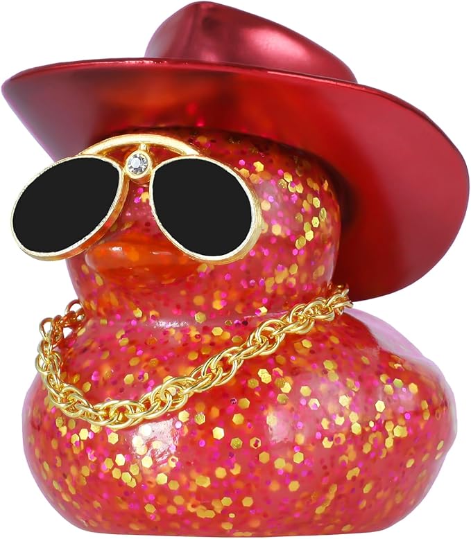 BOZILY Glitter Rubber Ducks Red Rubber Duck with Red Denim Cowboy Hat & Diamond Glasses - Stress Relieving Duck Car Accessories for Dashboard, Office, Home Decor - Unique Gifts for Adults