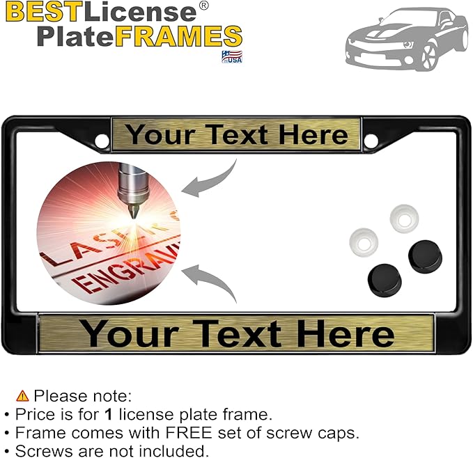 Custom Personalized Black Powder-Coated Metal Laser Engraved Standard Size - Car/Automobile License Plate Frame with Free caps - Gold/Black Text (Qty: 1 Frame)