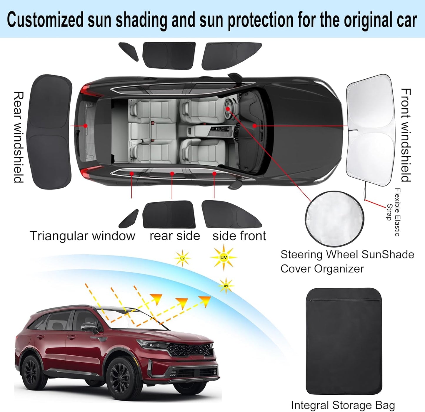 TINGLU Window Shades for Kia Sorento SUV 2021-2024 2025 Accessories Side Full Windows Rear Triangular Windshield Sun Shade Sun UV Rays & Privacy Protection for Camping,Napping,and Relaxing 8PCS