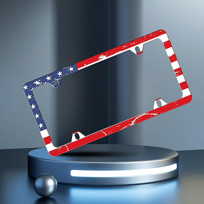 Vintage American Flag License Plate Frame Patriotic License Plate Frames Personalise Stainless Steel Funny Design Compatible with Standard License Plate Holder for USA and Canada 6 X 12 with Screws