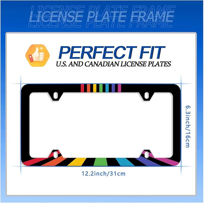 Rainbow Lines License Plate Frame LGBT Flag Gay Lesbian License Plate Stainless Steel Auto Parts Funny License Plate Decorative with Screws Size 12.3" x 6.3" for Women Men