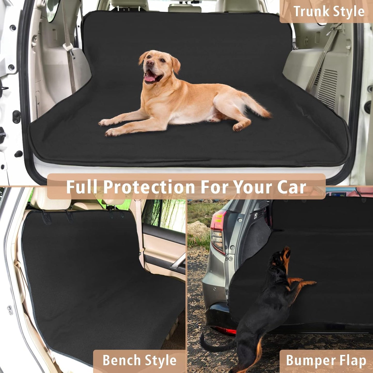 F-color SUV Cargo Liner for Dogs - Waterproof Pet Cargo Liner, Comfort Dog Cargo Cover with Bumper Flap Protector, Scrachproof Large Size Universal Fit SUVs Sedans Trunks Vans, Black