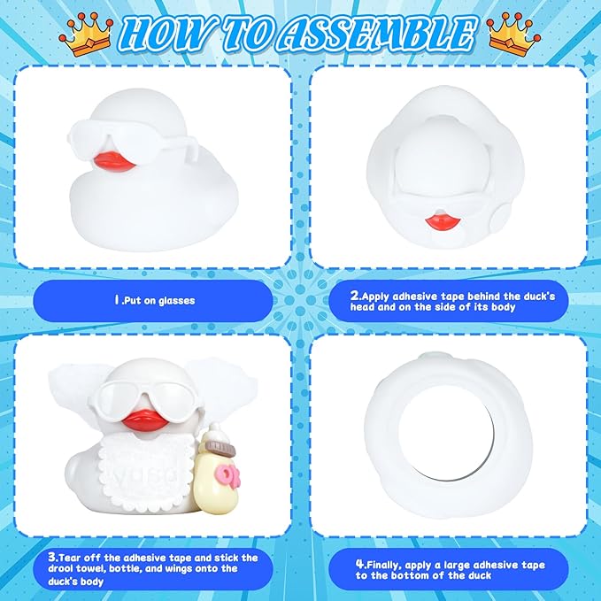 White Rubber Duck Car Decor with Wings, White Sunglasses, OK Bottle & Bib, DIY Dashboard Ornaments for Car, Office, Home,4 Small & 1 Large Stickers