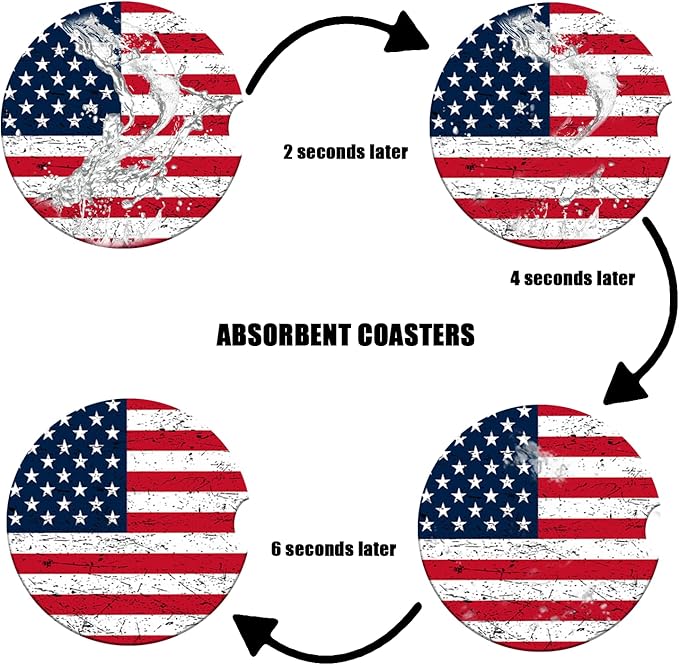 Car Cup Holder Coaster - American Flag Absorbent Ceramic Coaster, Car Coasters for Cup Holders, Auto Accessories for Women & Men, Pack of 2