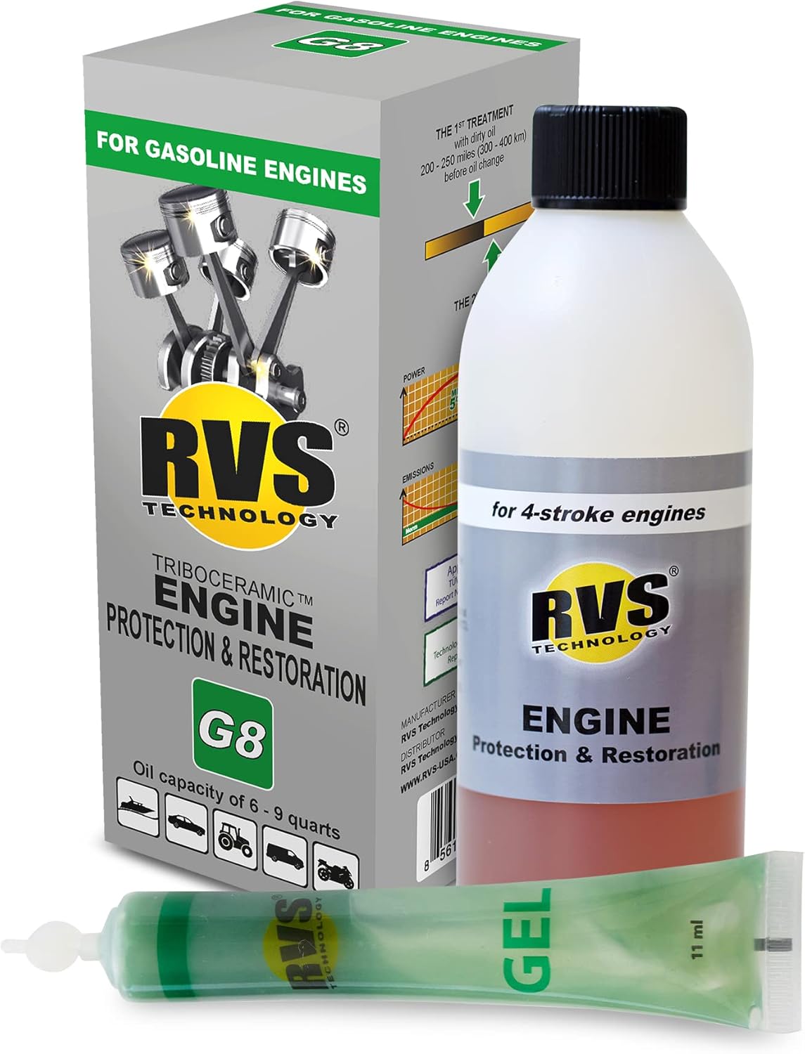 G8 Engine oil Treatment. for Gasoline Engines with an Motor Oil Capacity up to 9 quarts. Boost Power and Safely Restore and protect your Car, Truck, Motorcycle and all other engines