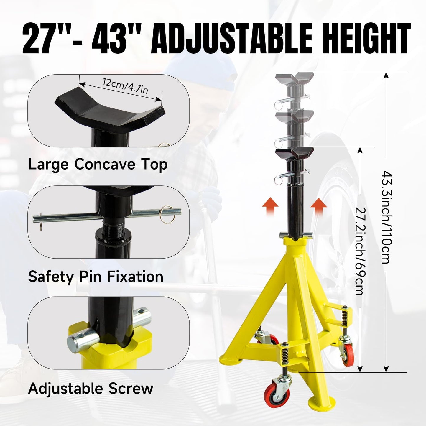 22 Ton (48,000 lbs) Jack Stands Heavy Duty Jack Stand Double Locking Pin Type Car Jack Stand Adjustable Height to 43'' with 360° Wheels for Garage, Repair Shop and DIY, 1 Pair