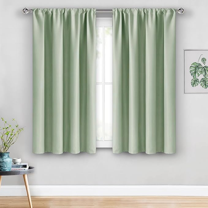 JIUZHEN Blackout Curtains for Bedroom - Thermal Insulated Room Darkening Noise Reducing, 52 x 45 Inch Length Curtains for Living Room, Set of 2 Panels with Tiebacks, Light Green
