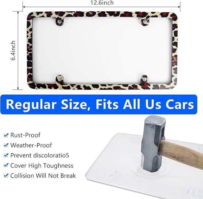 1pcs License Plate Protector Unbreakable License Plate Frames and Covers Set Front and Rear Clear License Plate Cover Leopard Print License Plate Frames Fits Standard Us Plates with Screws Caps