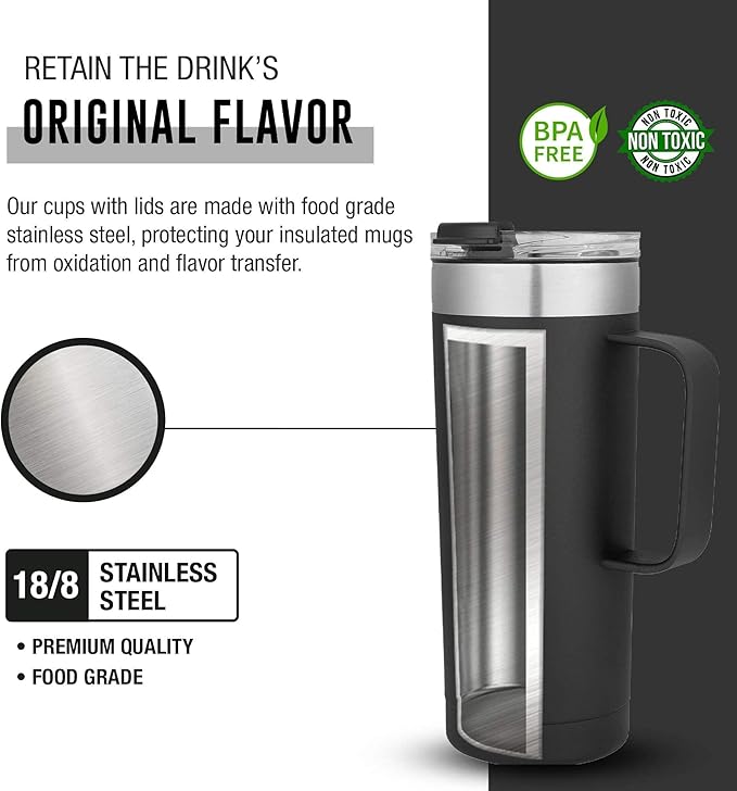 Life's Easy 20oz Stainless Steel Mug w/Handle - Double Wall Insulated Travel Tumbler w/Flip Lid - Leak Proof Tumbler-Thermal Cup for Coffee, Tea & More - Keep Hot & Cold Drinks (Black, 20 oz)