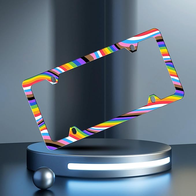 Gay License Plate Frame Rainbow LGBT License Plate Frames Personalise Stainless Steel Funny Design Compatible with Standard License Plate Holder for USA and Canada 6 X 12 with Screws