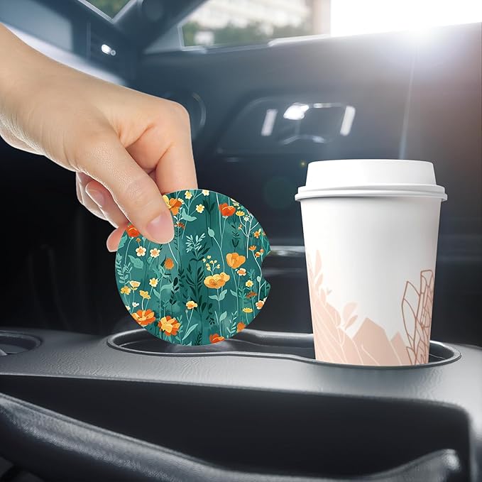Car Cup Holder Coasters, 2 Pack Universal Auto Anti Slip Insert Coaster with A Finger Notch, Cup Mat for Most Car Interior, Beautiful Flowers
