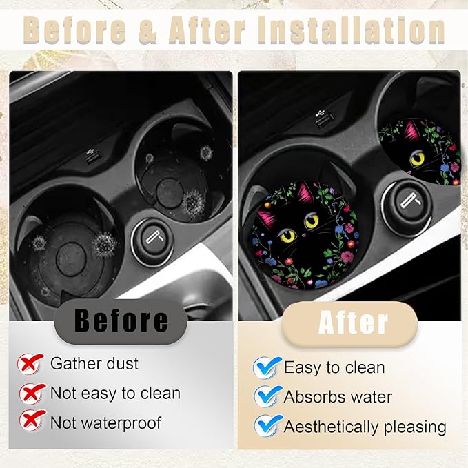 2 Pack Cute Flower Balck Coasters for Cup Holders, Ceramic Car Cup Holder Coaster for Car, Absorbent Car Cup Coasters with Cork Base Car Interior Accessories for Women Men