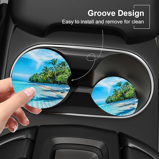 Car Cup Holder Coaster, Car Coasters for Cup Holders, 2 Pack Universal Anti Slip Insert Absorbent Ceramic Auto Interior Accessories with A Finger Notch & Cork Base, Sky and Sea