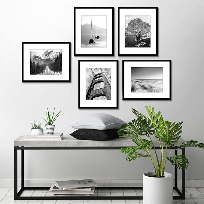 Americanflat 16x20 Picture Frame with Polished Plexiglass - Set of 5 - Use as 11x14 Frame with Mat or Display 16x20 Photo Without Mat - Galleria Collection - Picture Frames for Wall Display - Black