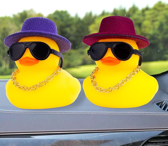 Rubber Duck Car Ornaments Duck Car Dashboard Decorations Accessories with Mini Top Hat Necklace and Sunglasses(T5)