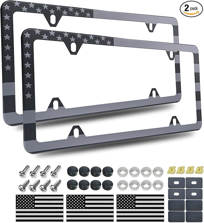 BGGTMO American Flag License Plate Frames- Black Stainless Steel Car Tag Holder Printed with USA Flag Pattern, 4 Hole 2 Pack with Screws Caps Decals for Front Rear