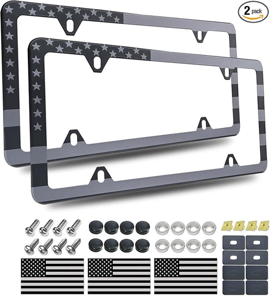BGGTMO American Flag License Plate Frames- Black Stainless Steel Car Tag Holder Printed with USA Flag Pattern, 4 Hole 2 Pack with Screws Caps Decals for Front Rear