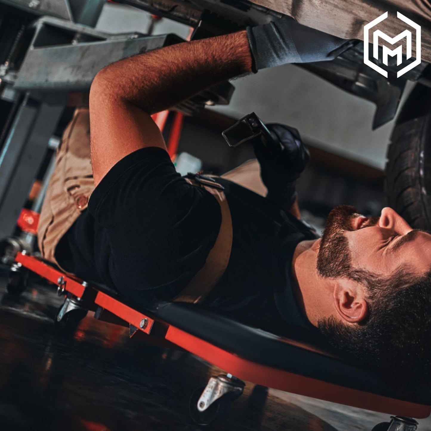 M-AUTO Heavy-Duty Convertible Mechanic Creeper, Z-Creeper 2-in-1 Creeper and Seat 48" Padded Adjustable Headrest Roller Garage Chair with 7 Swivel Casters for Washing, Detailing, Maintenance, Red