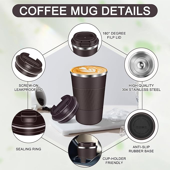 Coffee Travel Mug 12oz Insulated Coffee Mug with Lid Portable Spill-Proof Coffee Travel Mug No Handle Reusable Stainless Steel Mug Keeps Cold and Hot Suitable for Car, Daily, Travel and Gifts