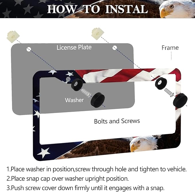 LIN KANG American Flag Eagle License Plate Frame Holder - 2 Pack Patriotic Universal Aluminum Matte Stripe US Flag Gloss Car Tag Frame Holder Accessory with Screws Fasteners Caps