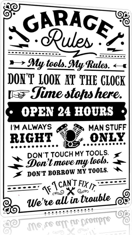 Gifts for Men Dad Husband Funny Garage Rules My Tools My Rules Tin Sign Vintage Metal Wall Art for Garage Workshop Man Cave Decor 8x12 Inch(3706)