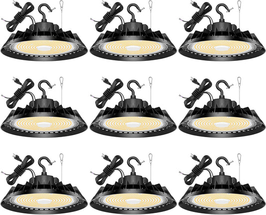 9Pack LED High Bay Lights, Super Bright 200W UFO High Bay LED Shop Lights, 30000LM 5000K, 0-10V Dimmable, 5' Cable Plug, IP65 Waterproof, ETL Listed Plug & Play Lighting for Gym Factory Warehouse