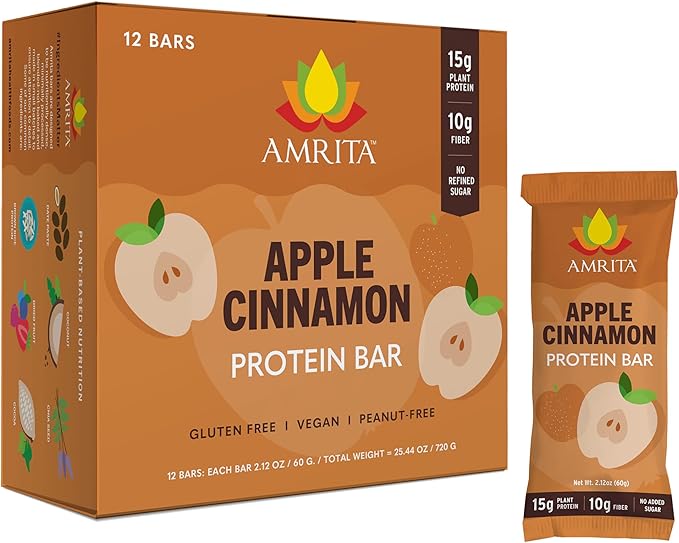 AMRITA Apple Cinnamon Vegan Protein Bars – 15g Plant-Based Protein – Gluten, Soy, Peanut & Dairy-Free – High Fiber, Low Sugar Meal Replacement Bars – Ideal Breakfast, Snack, or Energy Boost
