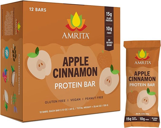 AMRITA Apple Cinnamon Vegan Protein Bars – 15g Plant-Based Protein – Gluten, Soy, Peanut & Dairy-Free – High Fiber, Low Sugar Meal Replacement Bars – Ideal Breakfast, Snack, or Energy Boost
