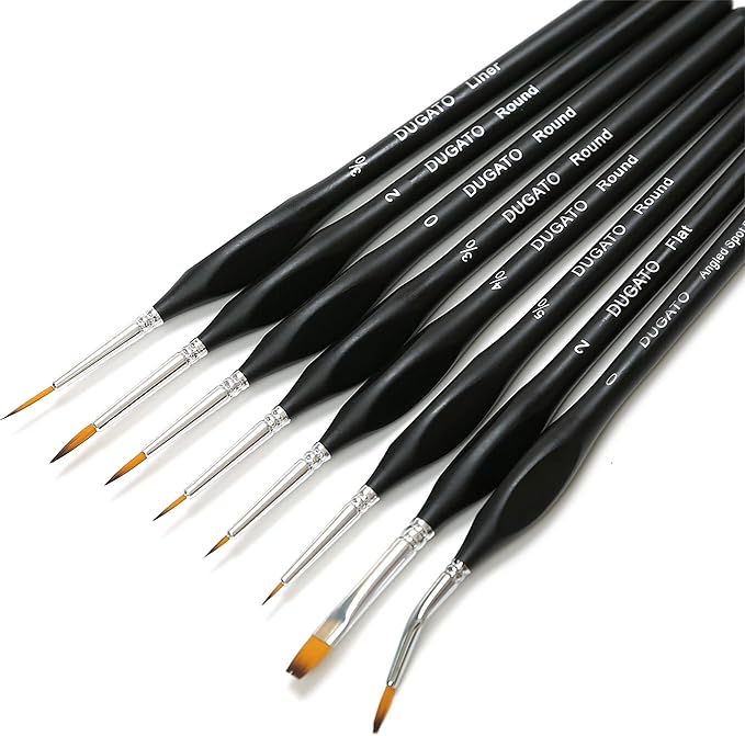 DUGATO Fine Detail Paint Brush Set - Miniature Brushes with Ergonomic Triangular Handles & Travel Case for Acrylic, Watercolor, Oil, Models & Warhammer (8pcs Detailing Paint Brush - Black)