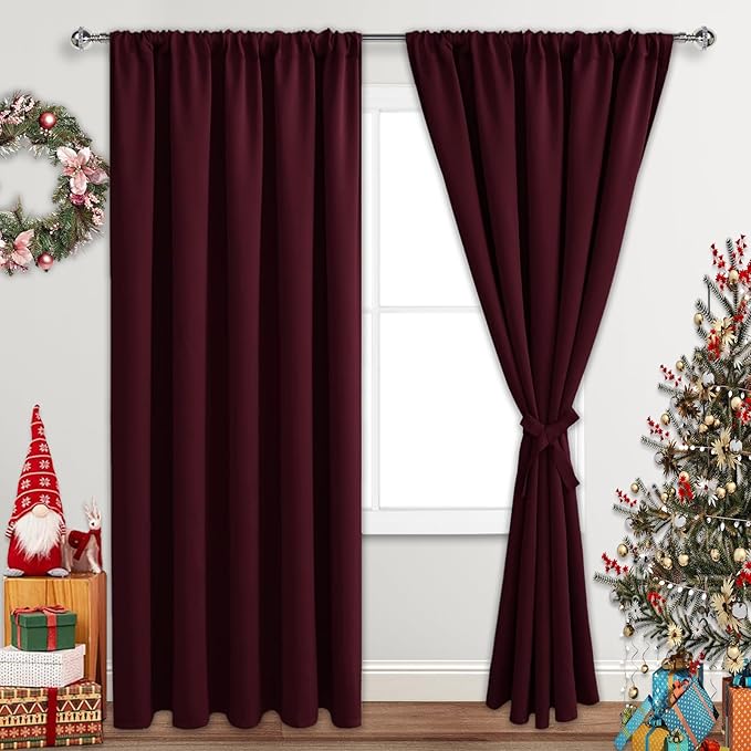 JIUZHEN Christmas Blackout Curtains for Bedroom - Thermal Insulated Room Darkening Rod Pocket Curtains for Living Room, Set of 2 Panels with Tiebacks, 60 x 96 Inch Length, Burgundy