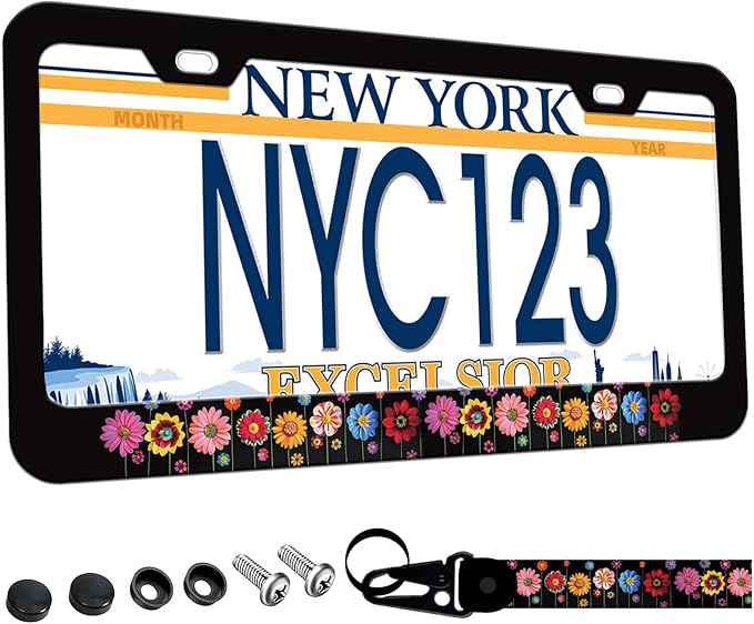 1-Pack Colorful Daisies Floral License Plate Frames for Women Man, 2 Holes Daisy Flower Aluminum License Plate Holder, Floral License Plate Cover fits Vehicles with Keychain Wrist Lanyard