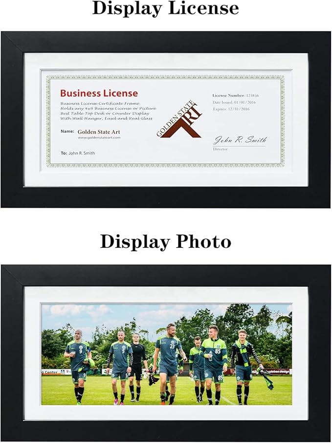 Golden State Art, 5x10 Wood Frame for 4x9 Business License Certificate with White Mat & Table-top Display, Black
