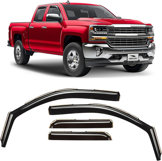 Voron Glass in-Channel Extra Durable Rain Guards for Trucks Chevrolet (Chevy) Silverado/GMC Sierra 2014-2018 Double Cab, Window Deflectors, Vent Window Visors, 4 Pieces - 230092