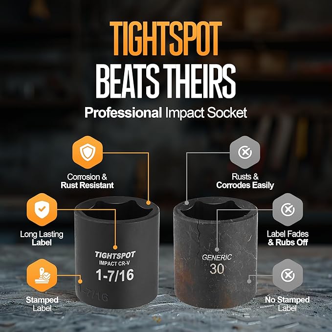 TIGHTSPOT 1/2 Inch Drive 1-7/16 Inch Shallow Impact Socket with Anti-Rounding 6 Point Design, Heat-Treated CRV Steel