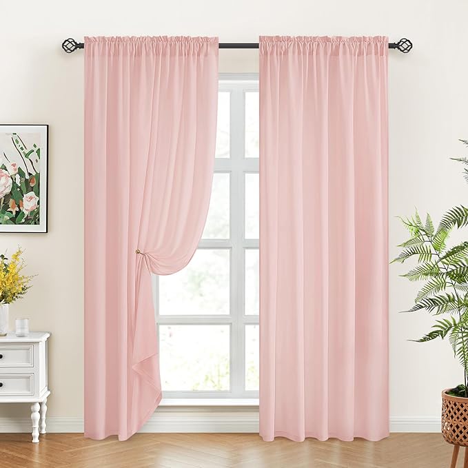 HOMEIDEAS Non-See-Through Blush Pink Privacy Sheer Curtains, 52 X 72 Inches Long 2 Panels Sheer Curtains Light Filtering Window Drapes for Bedroom Living Room