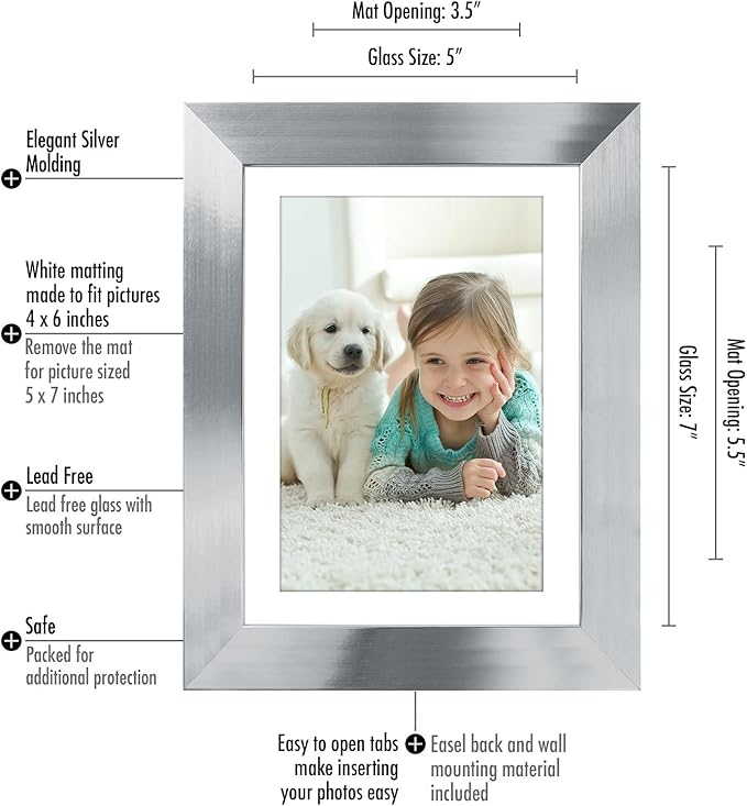 Americanflat 5x7 Picture Frame in Silver - Displays 4x6 With Mat and 5x7 Without Mat - Composite Wood with Polished Glass - Horizontal and Vertical Formats for Wall and Tabletop - Pack of 2