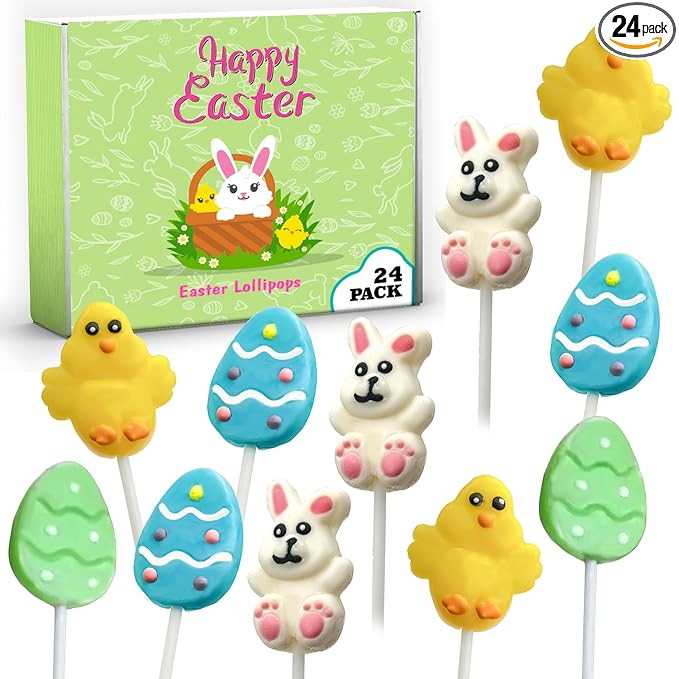 24 Easter Candy Lollipops Individually Wrapped Bulk Variety Pack - Bunny, Chick, Egg - Easter Basket Stuffers - Egg Hunt - Candy Dish (Strawberry, Raspberry, Lemon)