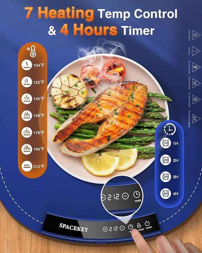 Warming Mat for Food - Roll Up Silicone Electric Warming Tray Full Surface Even Heating with 7 Temp Setting, 4 Hours Auto-Off, Raised Feet Protects Countertop, Food Warmers for Parties Buffet