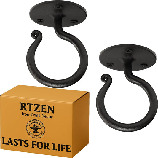 RTZEN Plant Hangers Outdoor or Indoor - Wrought Iron Metal Hanger Indoor Hook - Heavy Duty Wall Bracket Hooks for Hanging Plants Baskets Lanterns Wind Chimes - 2 Pack (Large Black Ceiling Hooks)