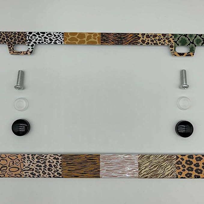 Animal Print Collage License Plate Frame Cover, Matte White Powder Coated Stainless Steel, Animal Print Auto Car Tag Frame with 2 Holes & Free Screws