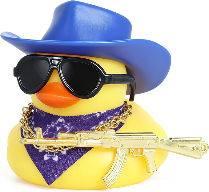 Cowboy Rubber Duck Car Ornaments with Gold Gun, Bandana, Cowboy Hat, Sunglasses, Necklace, Squeaky Car Dashboard Decor for Vehicles, Office, Home, Cool Accessories(Blue Hat)